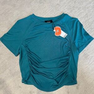 Cider Ruched Front Top‎ Ribbed Knit Tee Short Sleeve Casual 1XL Teal Green NWT